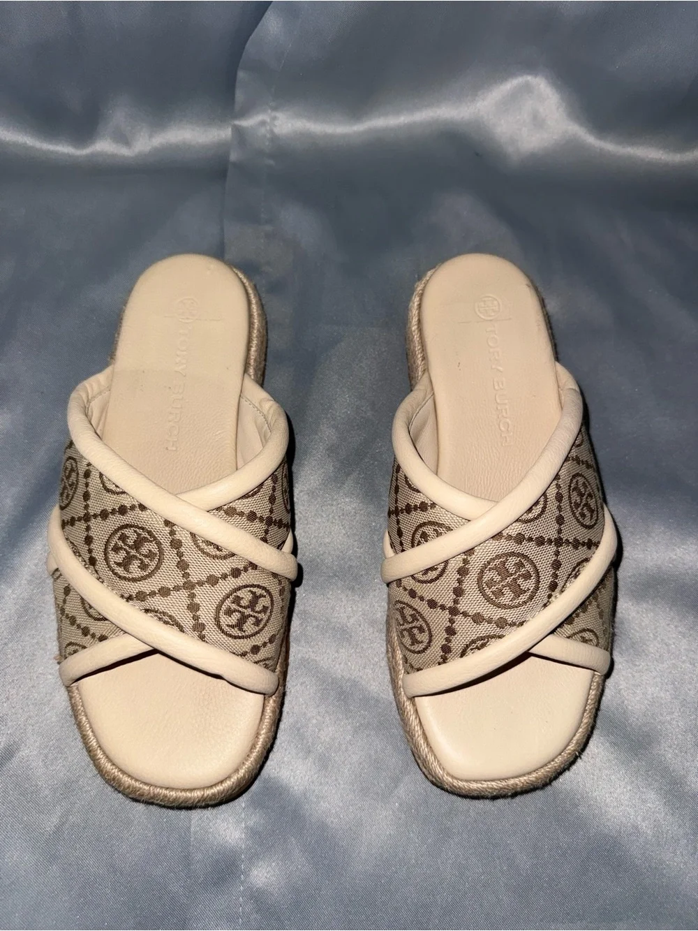 Tory Burch Beige Logo Cross-Strap Slide Mules
